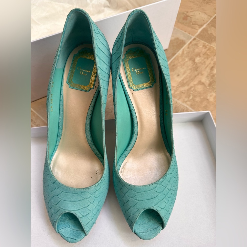 Christian Dior Miss Dior Peep Toe Platform Pump, Python Nabuck,39, Aquamarine